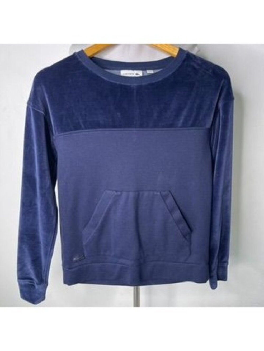 Lacoste Women's Navy Blue Velvet Velour Colorblock Sweatshirt Pouch Pocket XS